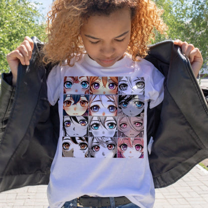 Anime eyes graphic t-shirt featuring intense close-up illustrations of popular anime characters' eyes n bold, expressive styles - perfect for anime fans.